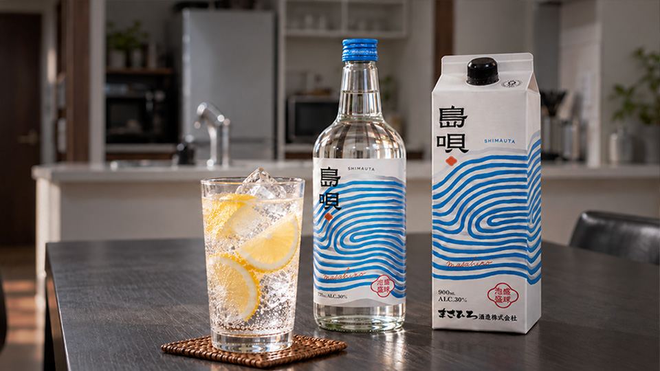 島唄30度の瓶と900ml紙パックを、レモン入りの炭酸割りと並べた写真